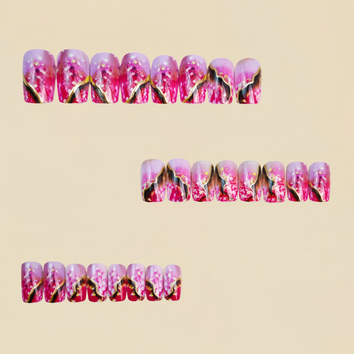 Gradient pink golden red medium fake press-on nails for women