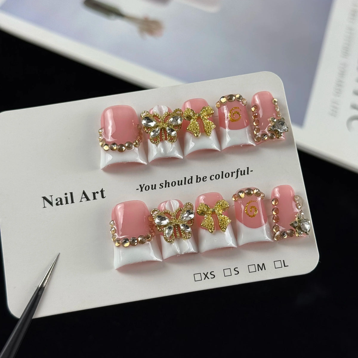 White diamond butterfly press-on nails short glitter nail art