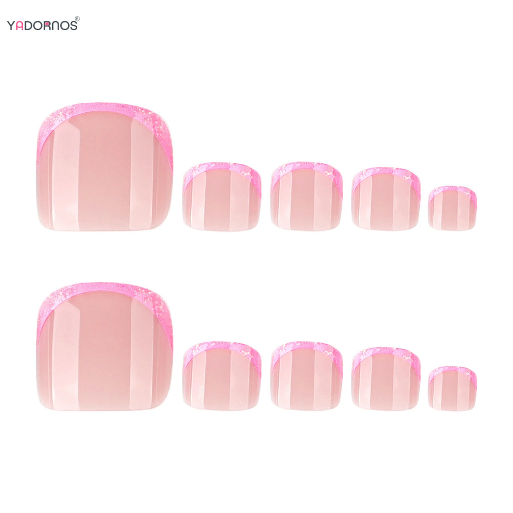 Pink French tip fake toenails short square 24 piece press-on set