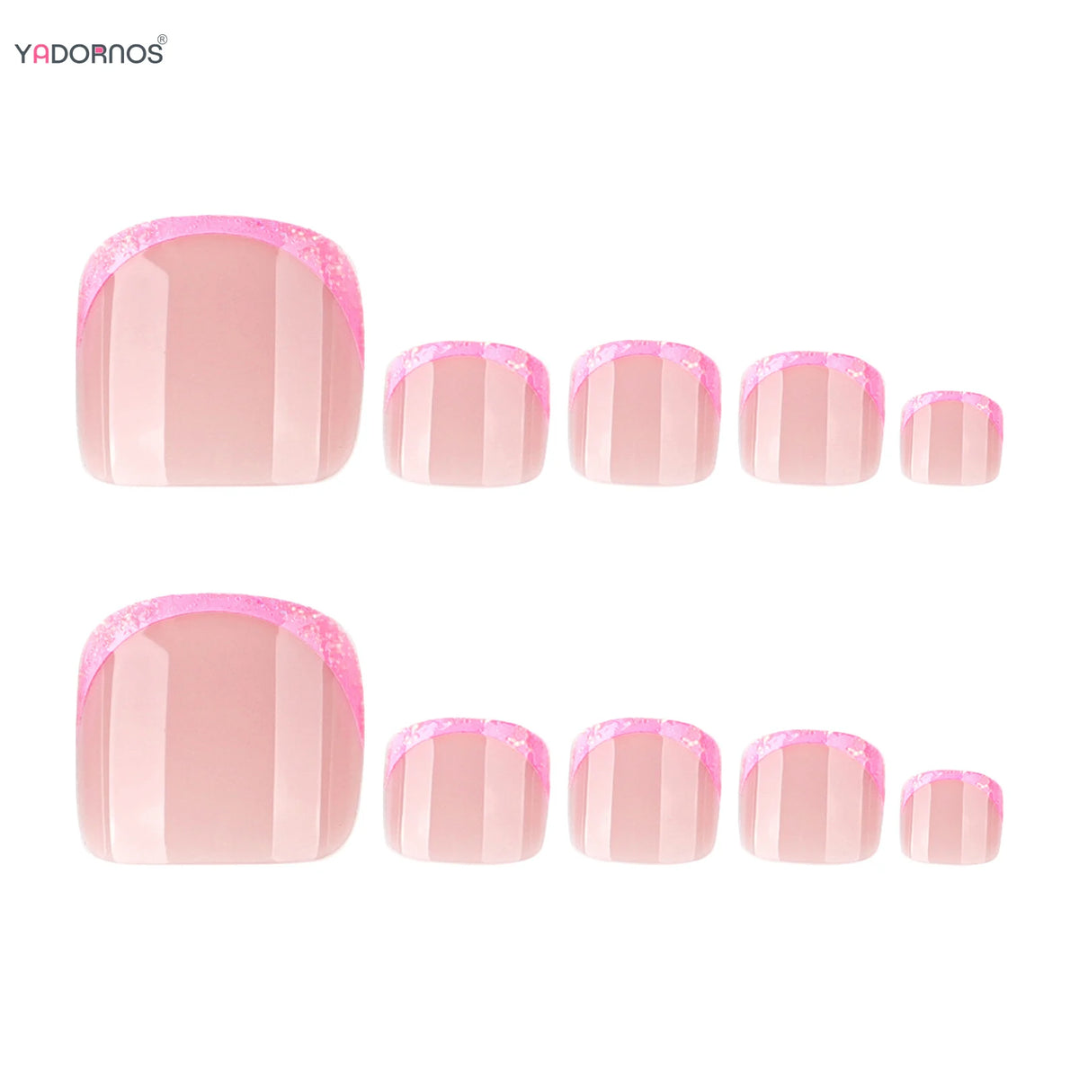 Pink French tip fake toenails short square 24 piece press-on set