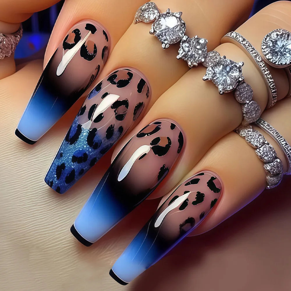 Leopard print black purple medium fake press-on nails for women