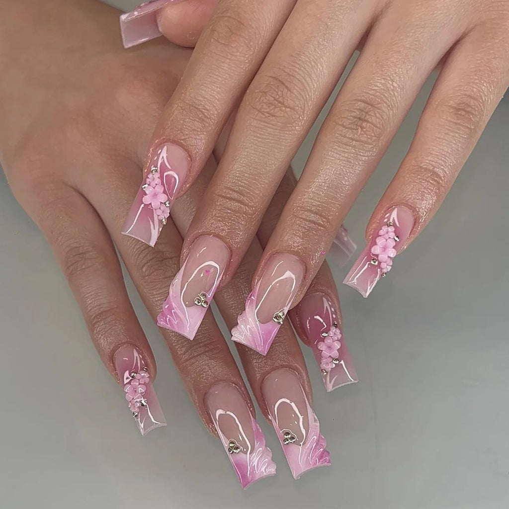 Sweet pink floral medium square false nails 24 piece press-on set
