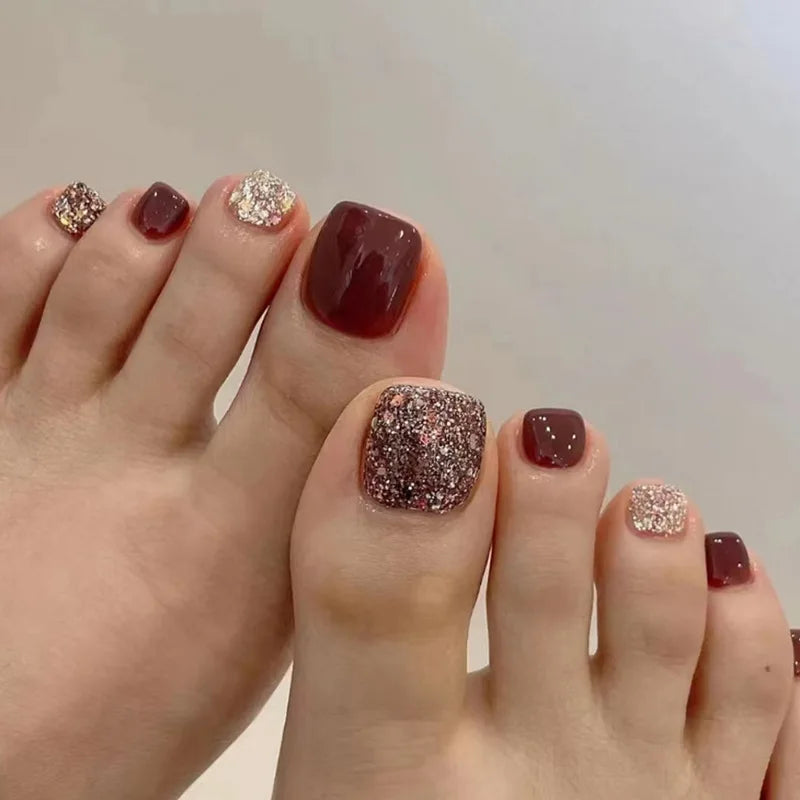 Wine red short square press-on toenails 24 piece set