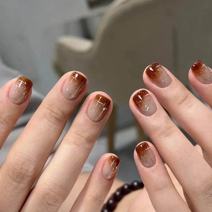 Gradient brown red medium fake press-on nails for women