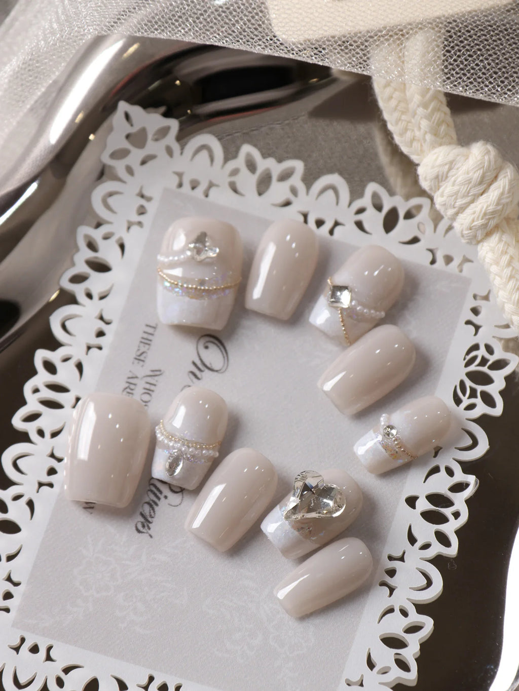 White diamond butterfly press-on nails short glitter nail art