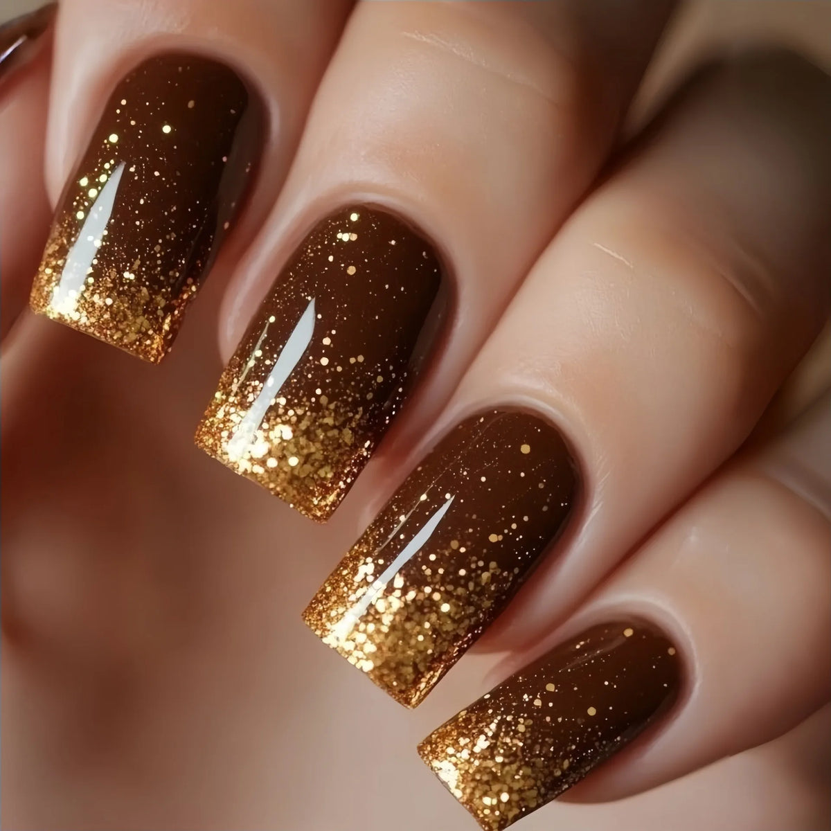 Gradient brown red medium fake press-on nails for women