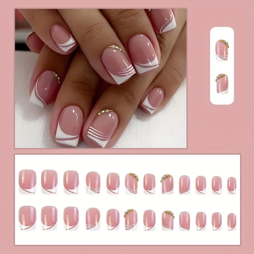 French tip handmade press-on nails short square white 24 piece set
