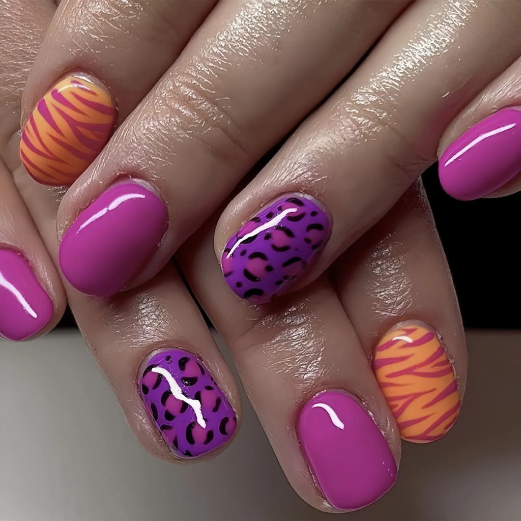 Leopard print black purple medium fake press-on nails for women