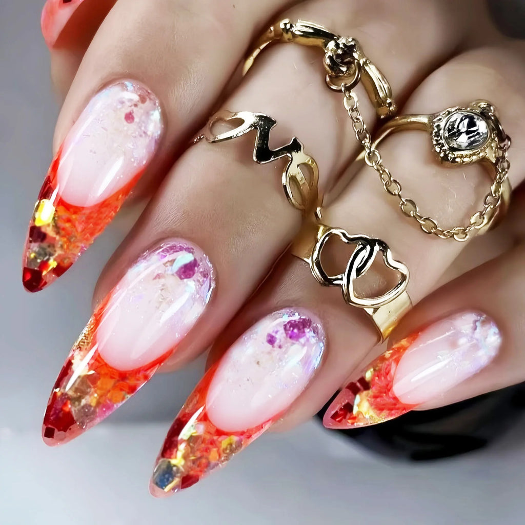 Gradient pink golden red medium fake press-on nails for women