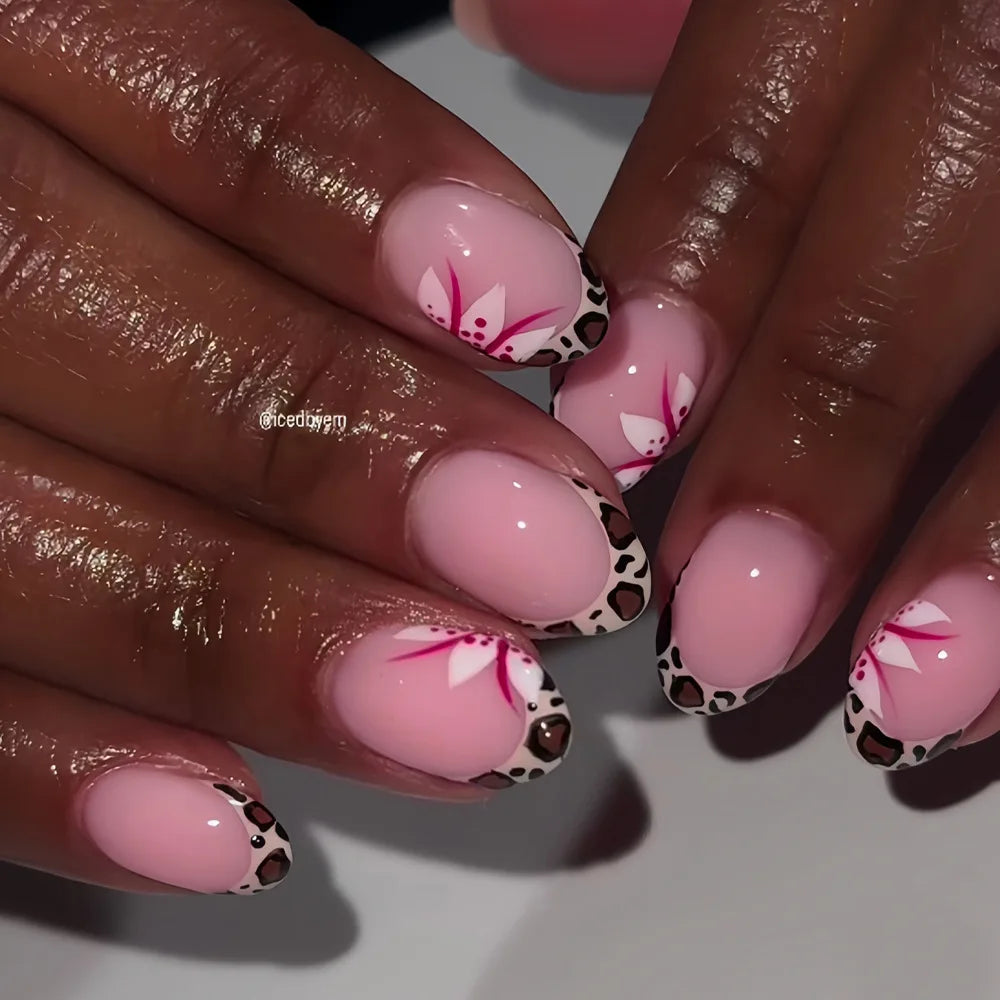 Leopard print black purple medium fake press-on nails for women