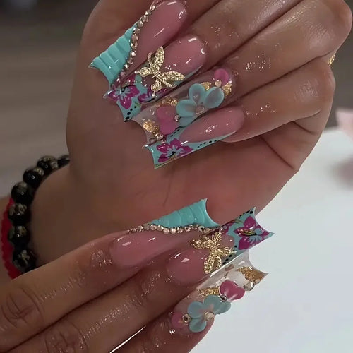 Sweet pink floral medium square false nails 24 piece press-on set