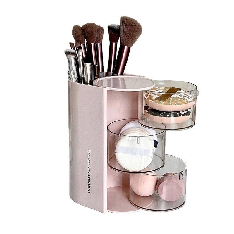Rotating Makeup Brush Organizer with Powder Puff Storage