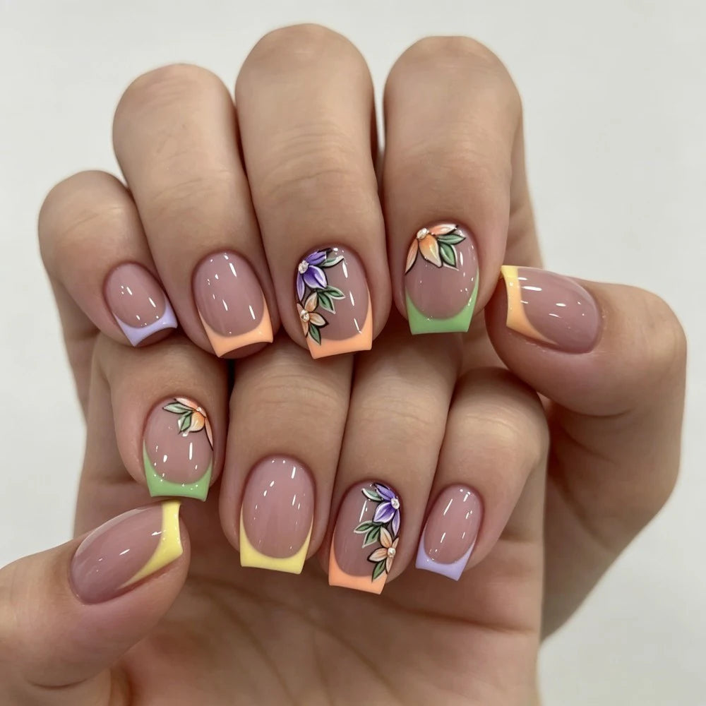 Pink floral French tip glossy press-on nails medium 24 piece set