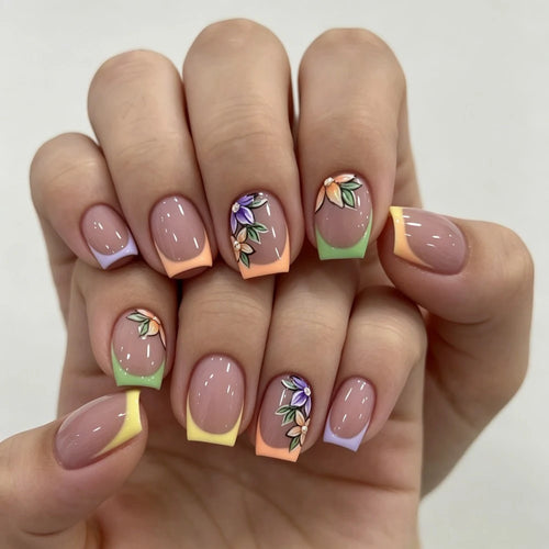 Pink floral French tip glossy press-on nails medium 24 piece set