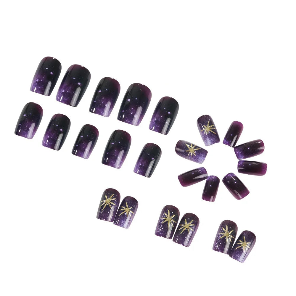Gradient purple blue medium fake press-on nails for women