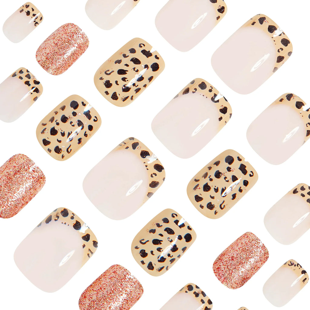 Leopard print black purple medium fake press-on nails for women