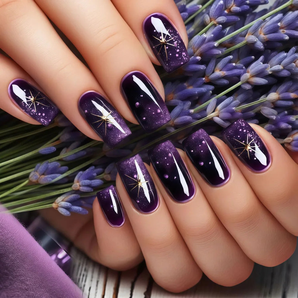 Gradient purple blue medium fake press-on nails for women