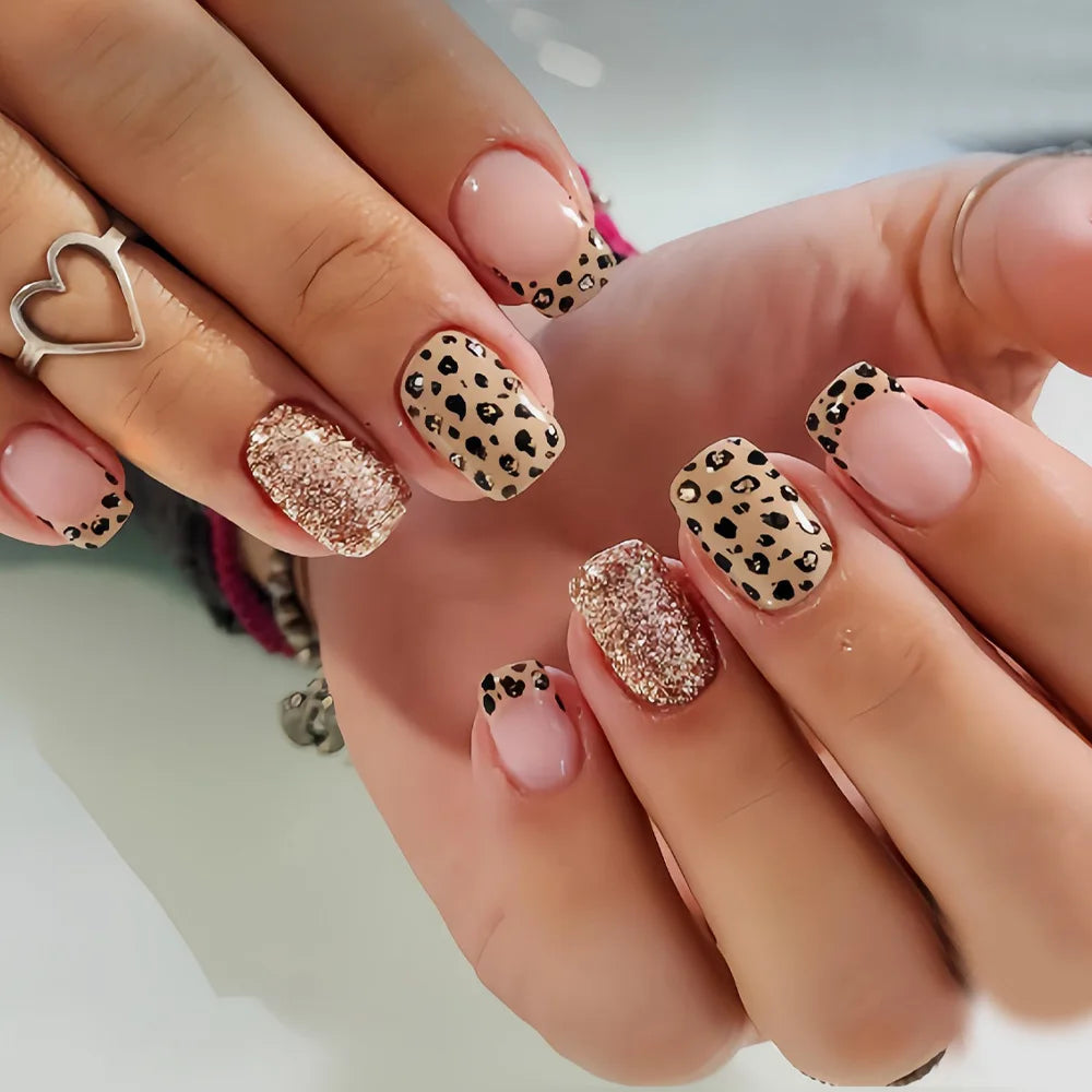 Leopard print black purple medium fake press-on nails for women