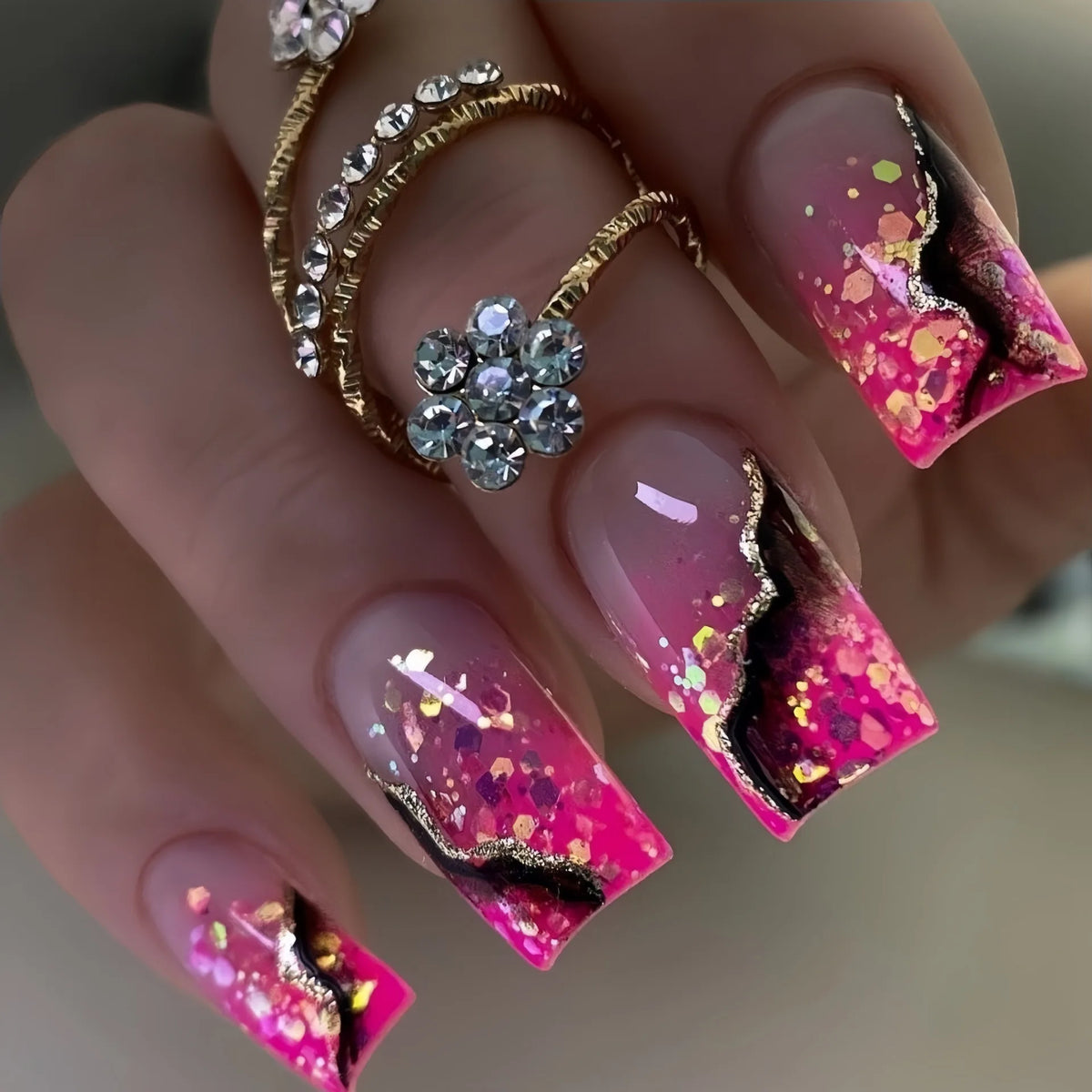 Gradient pink golden red medium fake press-on nails for women