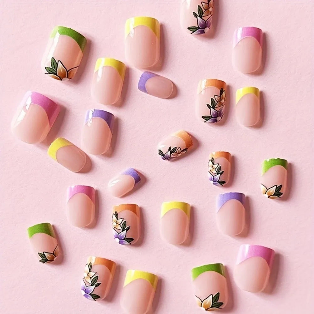 Pink floral French tip glossy press-on nails medium 24 piece set