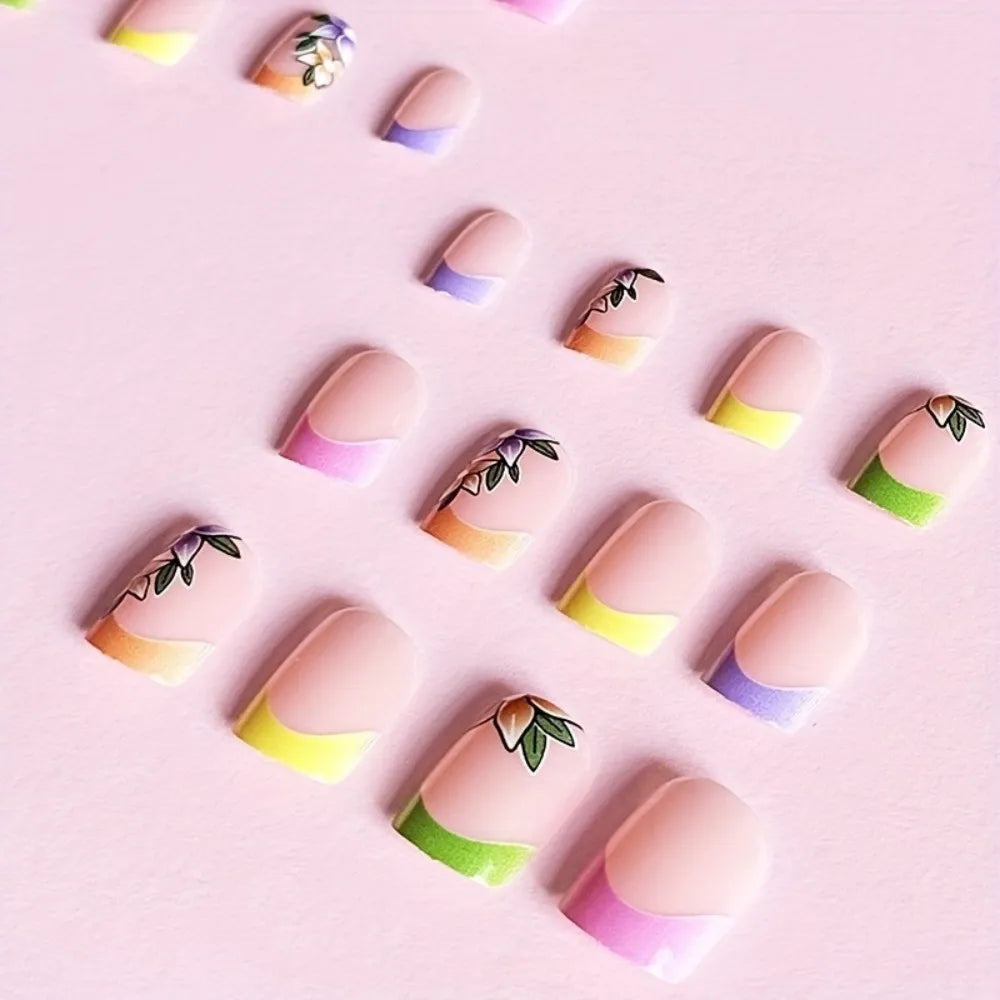 Pink floral French tip glossy press-on nails medium 24 piece set