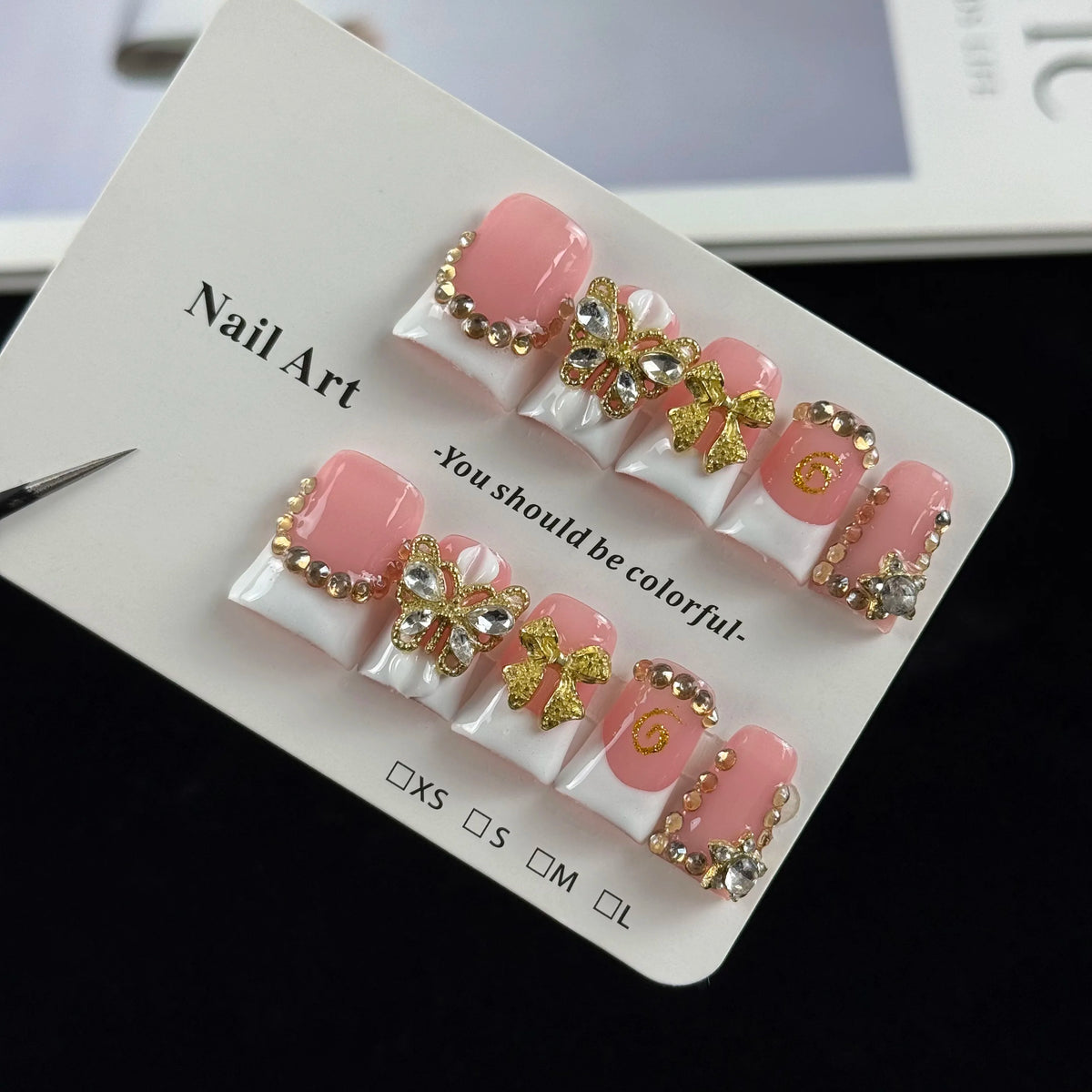 White diamond butterfly press-on nails short glitter nail art