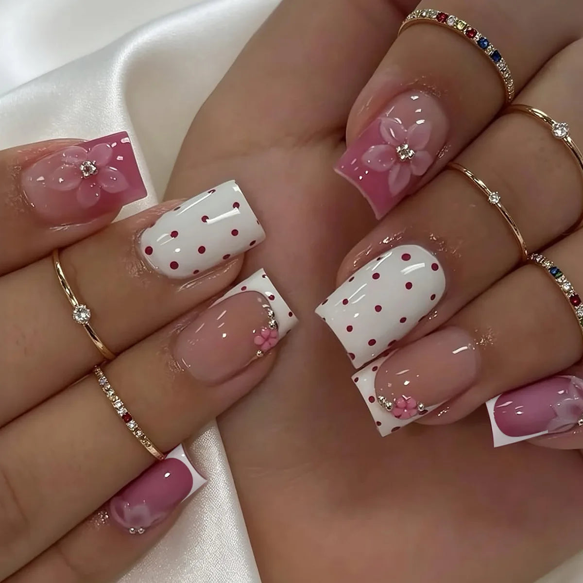 Sweet pink floral medium square false nails 24 piece press-on set