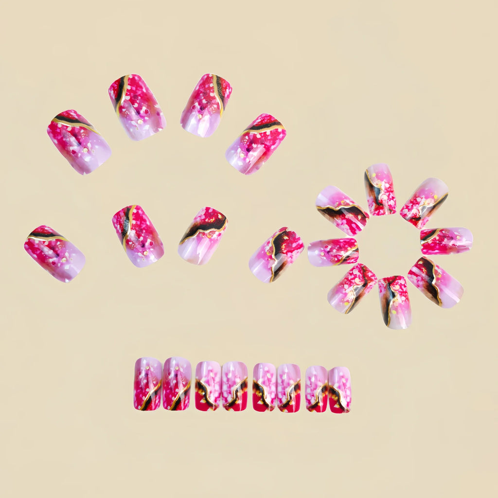 Gradient pink golden red medium fake press-on nails for women