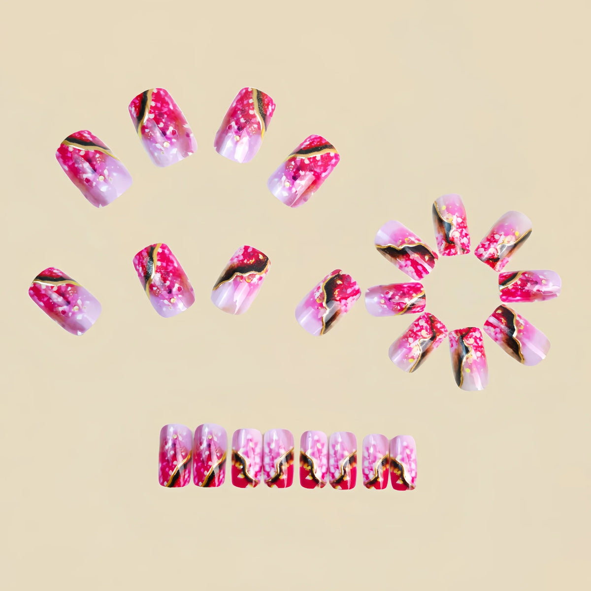 Gradient pink golden red medium fake press-on nails for women