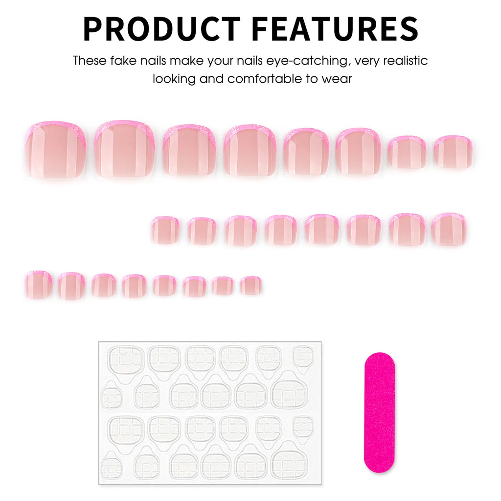 Pink French tip fake toenails short square 24 piece press-on set