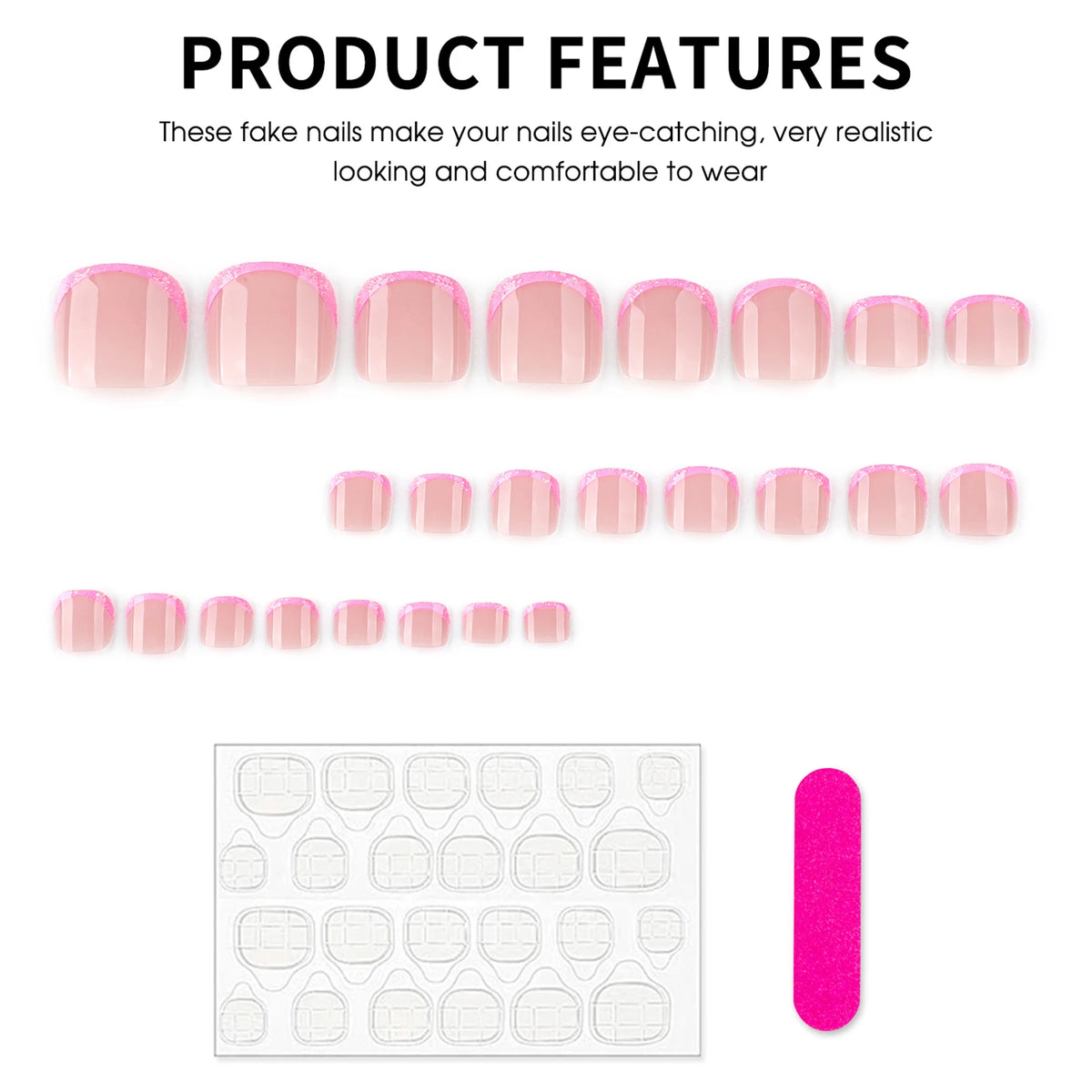 Pink French tip fake toenails short square 24 piece press-on set