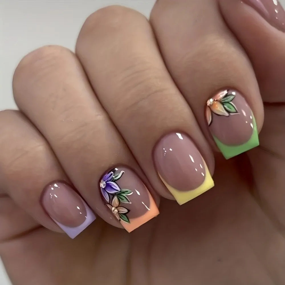 Pink floral French tip glossy press-on nails medium 24 piece set