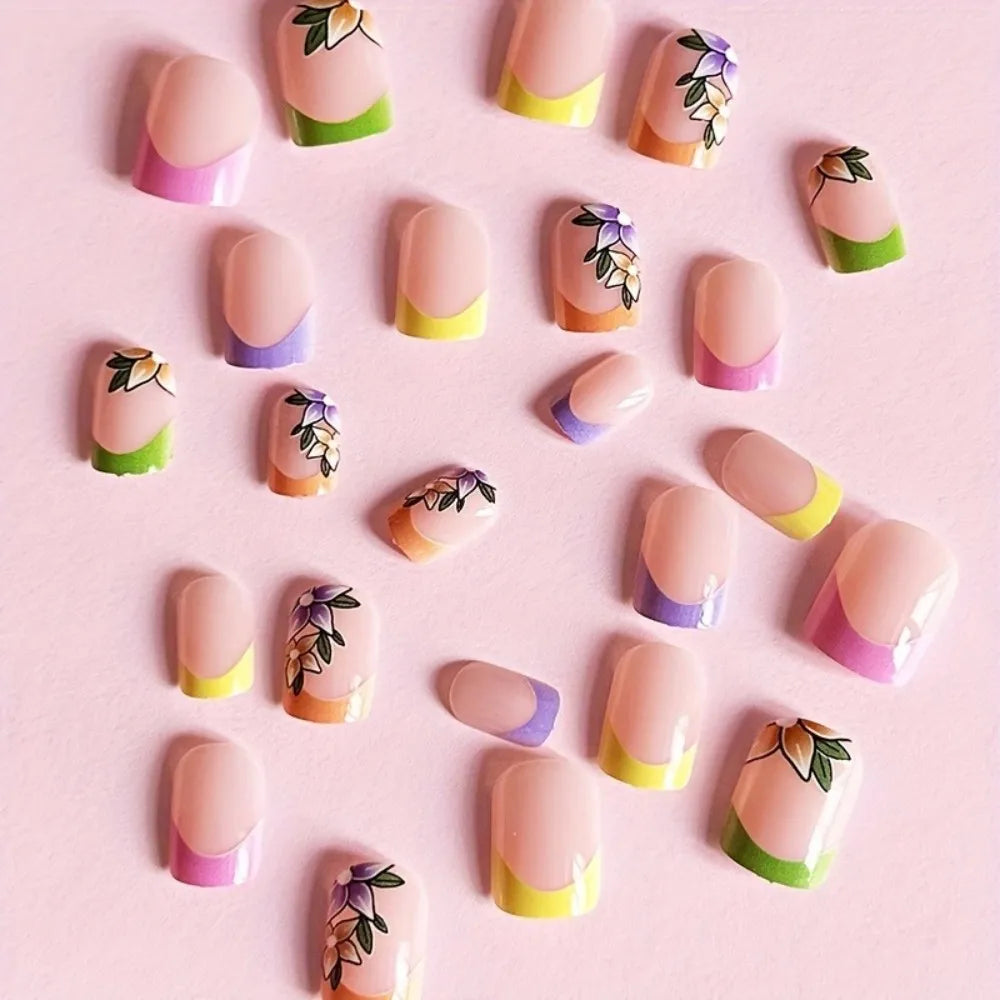 Pink floral French tip glossy press-on nails medium 24 piece set