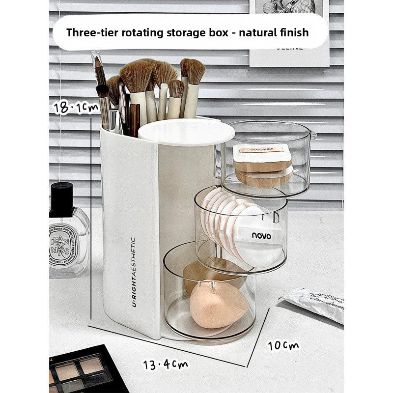 Rotating Makeup Brush Organizer with Powder Puff Storage