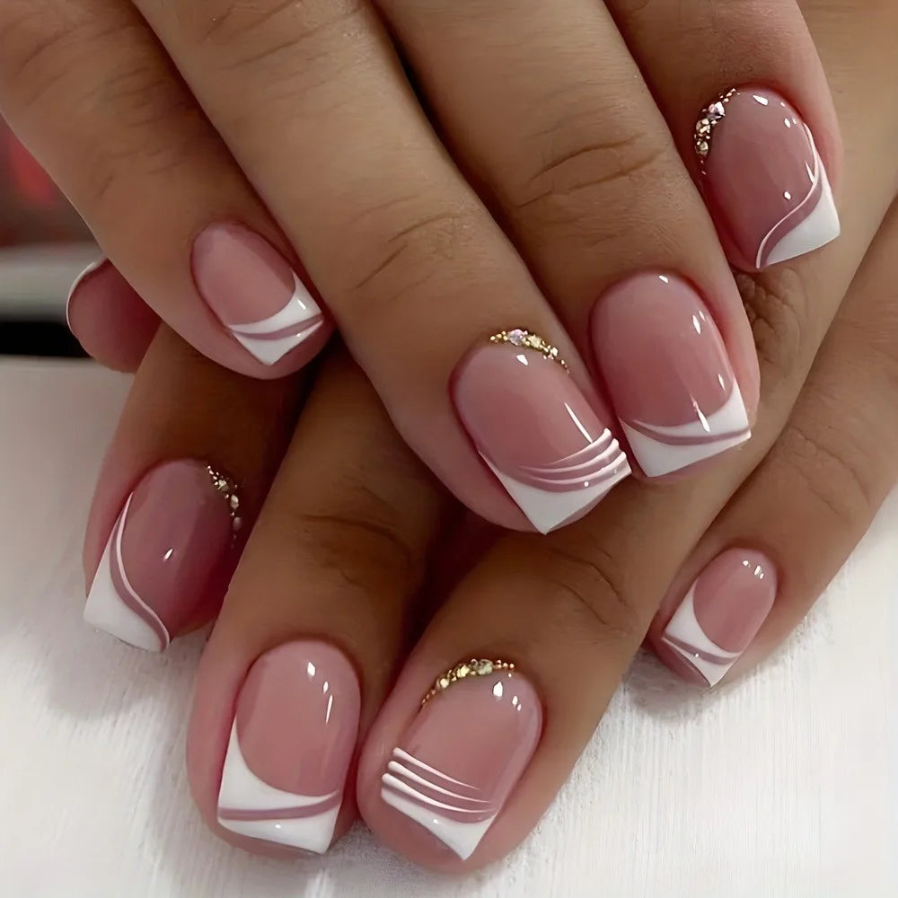 French tip handmade press-on nails short square white 24 piece set