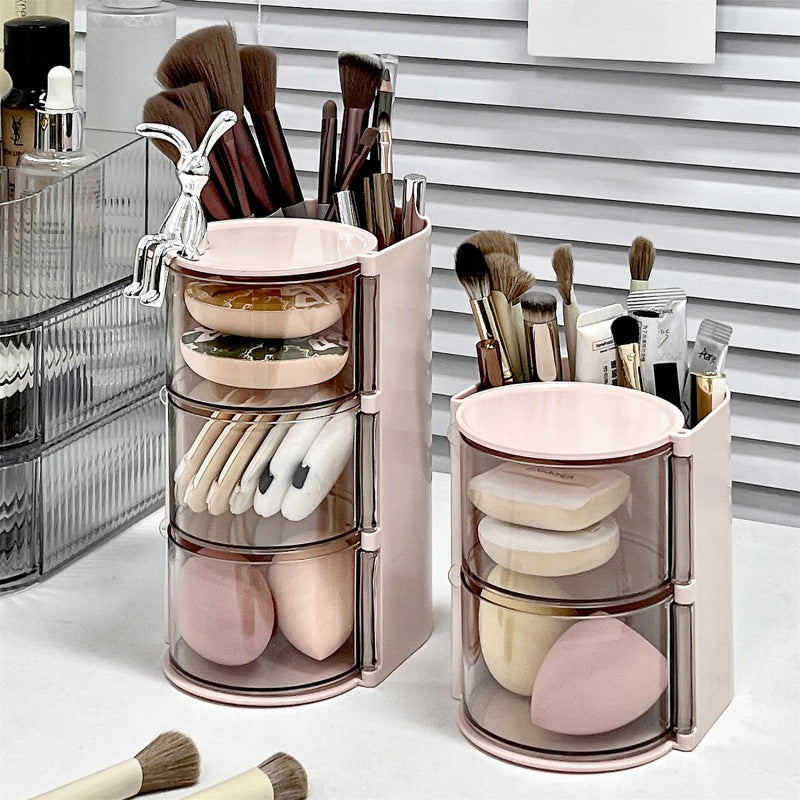 Rotating Makeup Brush Organizer with Powder Puff Storage