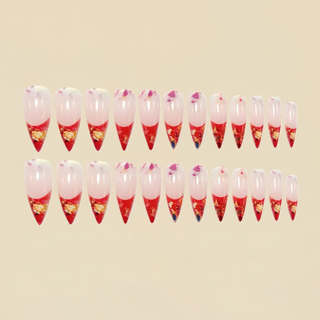 Gradient pink golden red medium fake press-on nails for women