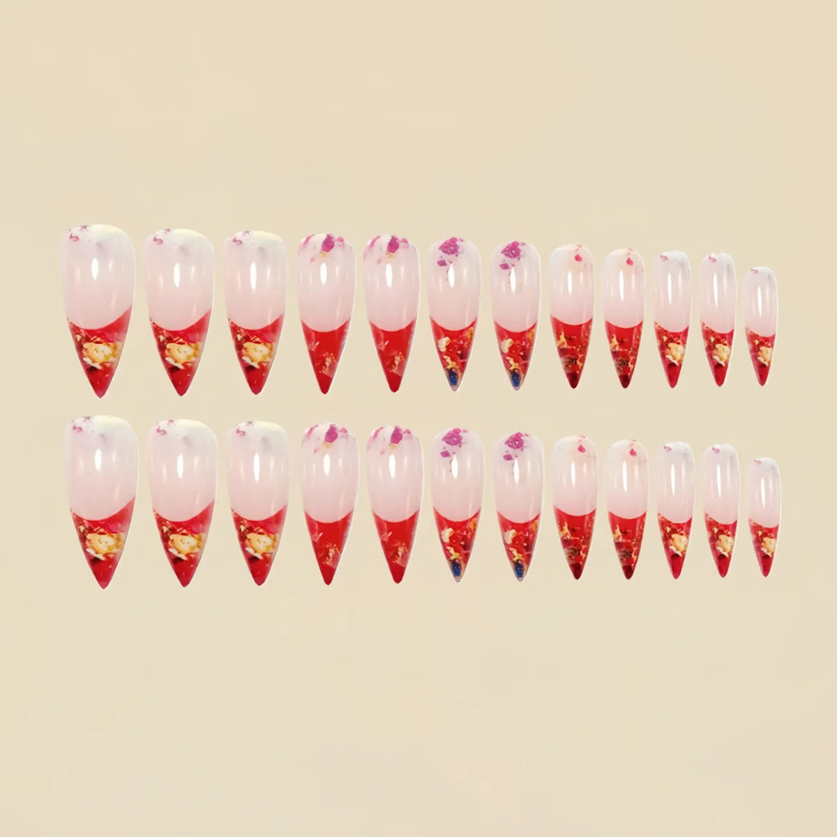 Gradient pink golden red medium fake press-on nails for women