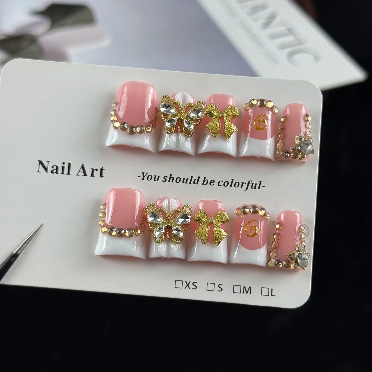 White diamond butterfly press-on nails short glitter nail art