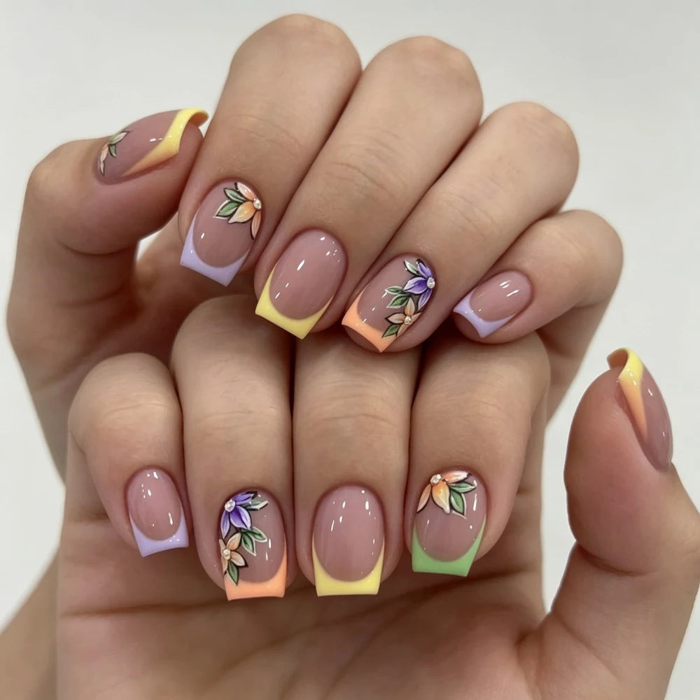 Pink floral French tip glossy press-on nails medium 24 piece set