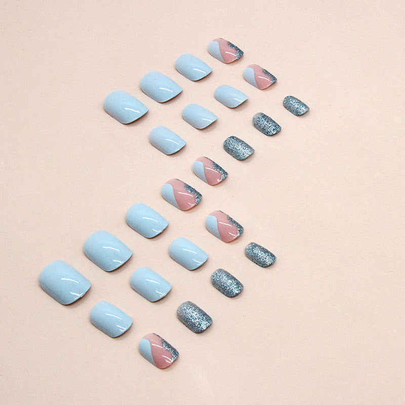 Short Sky Blue Sparkle Artificial Nails