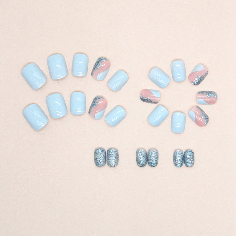 Short Sky Blue Sparkle Artificial Nails