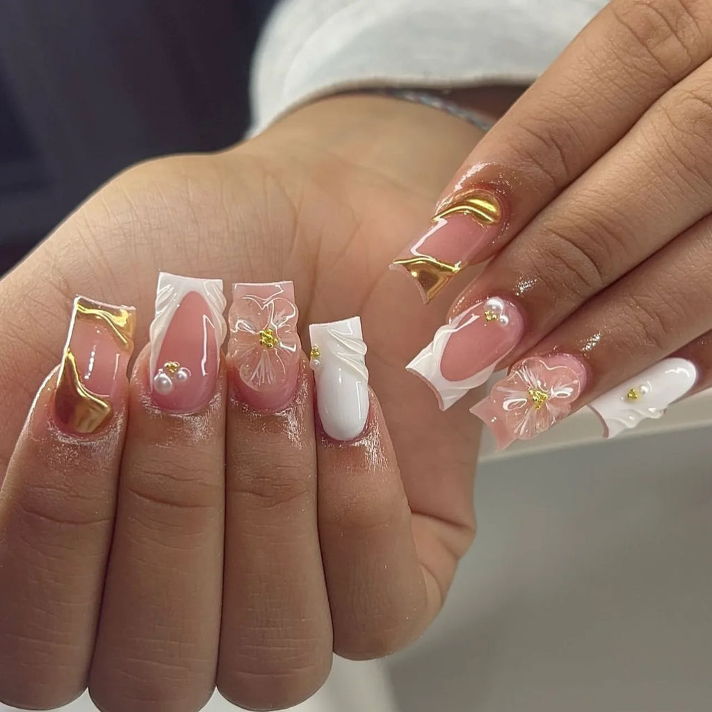 Sweet pink floral medium square false nails 24 piece press-on set