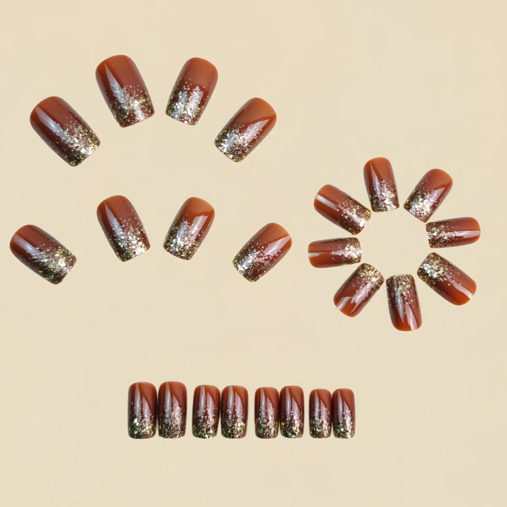 Gradient brown red medium fake press-on nails for women