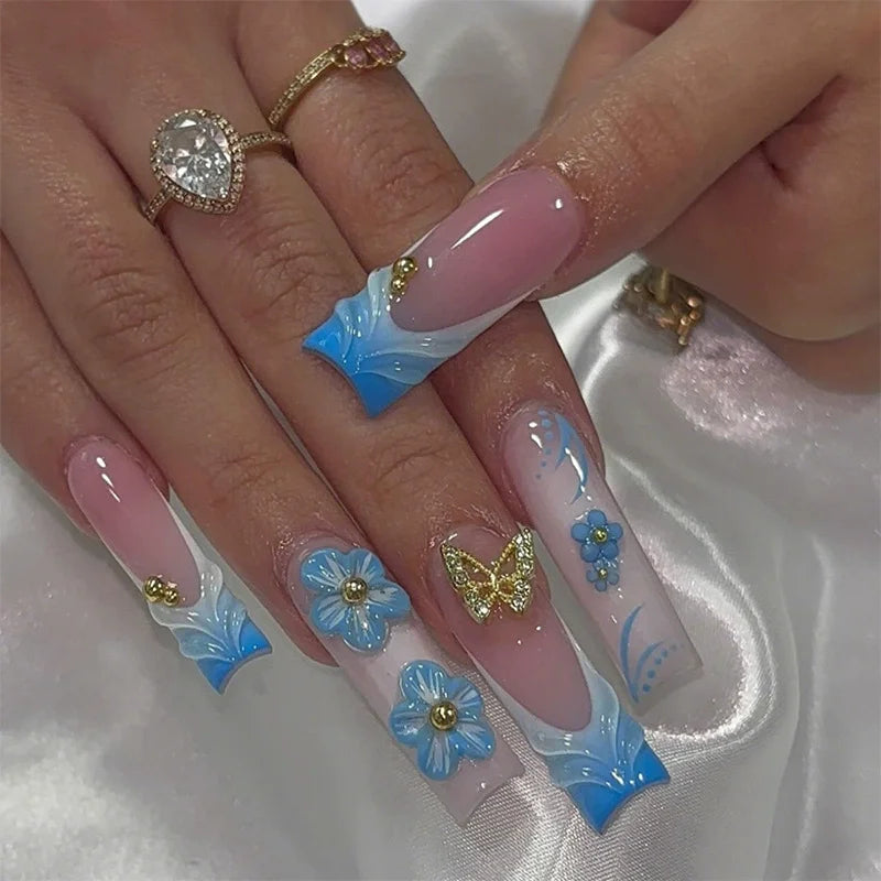 Sweet pink floral medium square false nails 24 piece press-on set