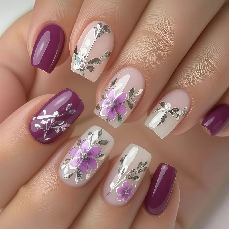 Purple floral medium press-on nails spring design 24 piece set