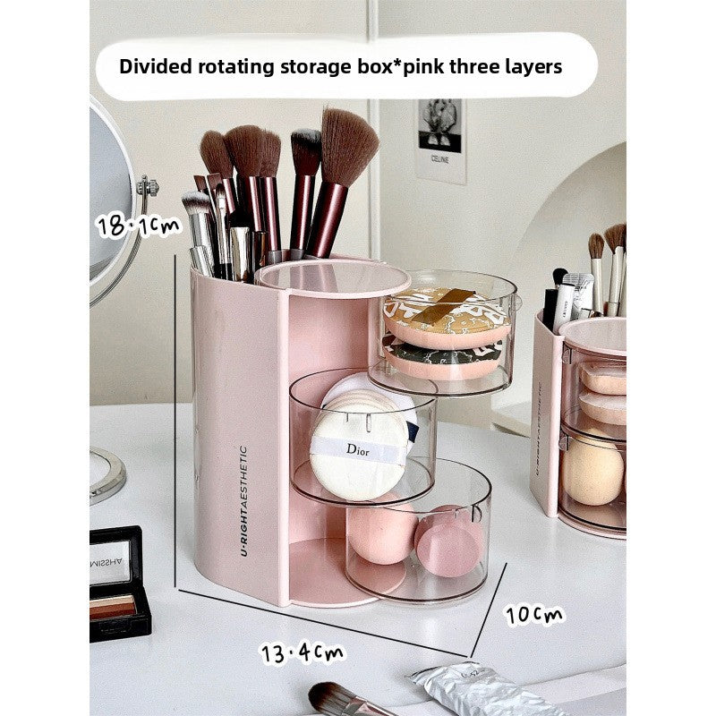 Rotating Makeup Brush Organizer with Powder Puff Storage
