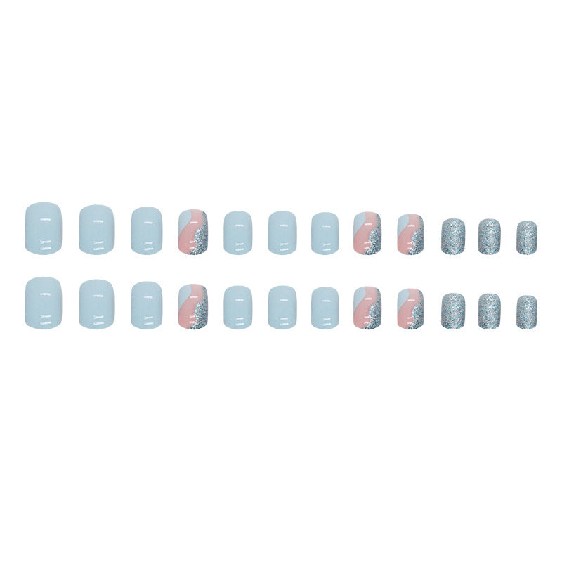 Short Sky Blue Sparkle Artificial Nails