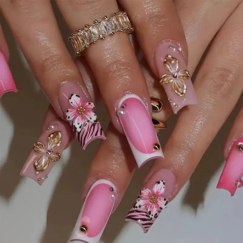 Sweet pink floral medium square false nails 24 piece press-on set