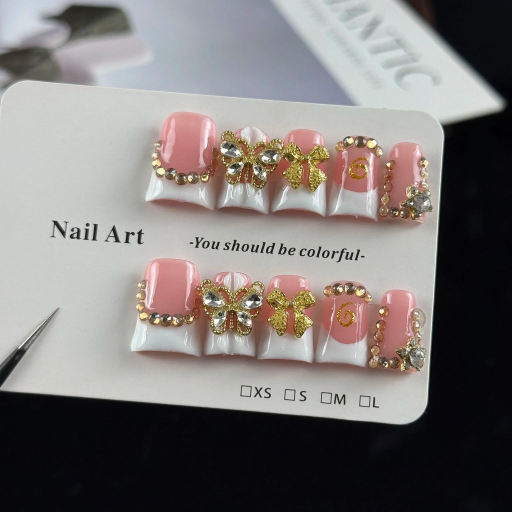 White diamond butterfly press-on nails short glitter nail art